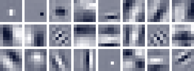 Twenty-four first-layer filters learned by a ResNet-18, shown in greyscale: oriented edges, gratings and blobs