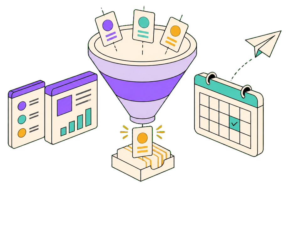 Isometric inbound-sales scene: a lead funnel feeding a CRM, with a calendar and an outreach reply