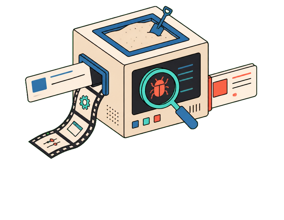 Isometric bug-reproduction scene: a sandbox machine with a terminal, a magnifier over a bug, a support ticket feeding in and an issue card out