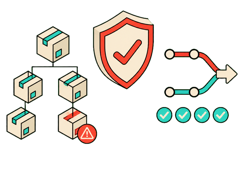 Isometric security scene: a shield with a check, a dependency tree of package boxes, a CVE warning badge and a PR merge arrow