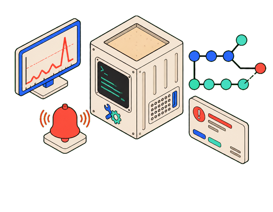 Isometric incident scene: a sandbox machine flanked by an error-spike monitor, a commit graph, an alert bell and an issue card