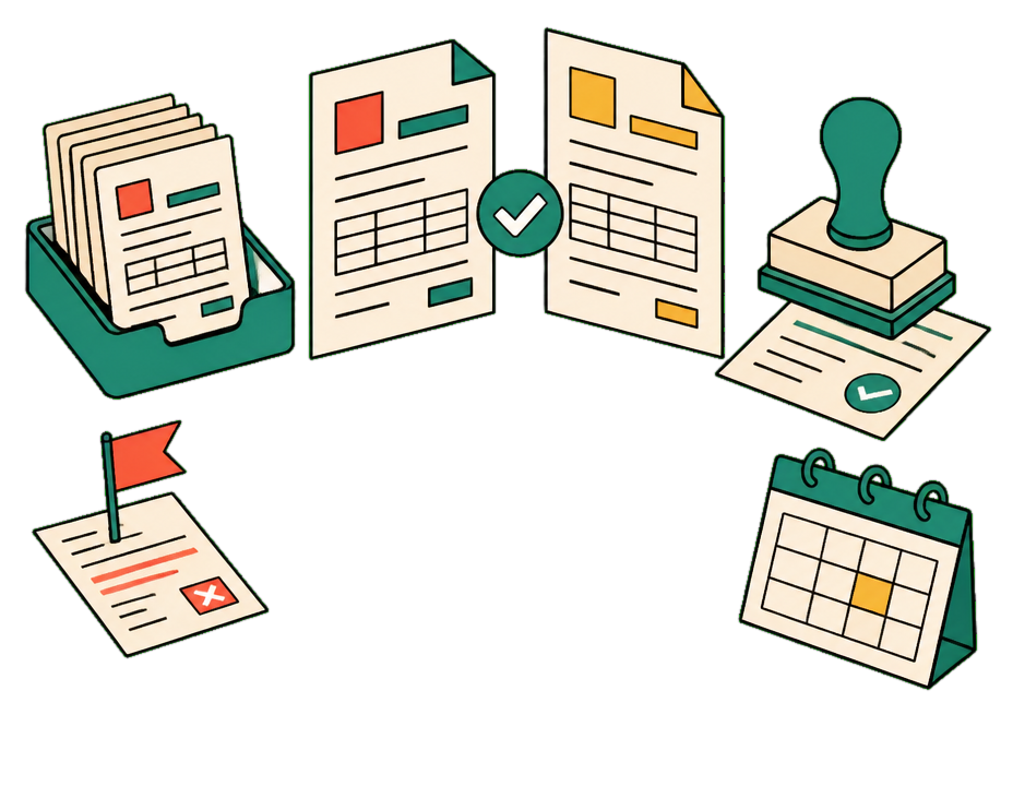 Isometric accounts-payable scene: an in-tray of bills, an invoice matched to a purchase order, an approval stamp and a payment calendar