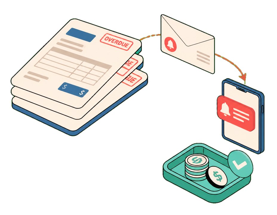 Isometric accounts-receivable scene: a stack of overdue invoices, a reminder envelope, a tray of coins, and a phone reminder