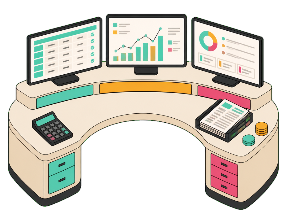 Isometric finance close desk with a reconciliation ledger and charts
