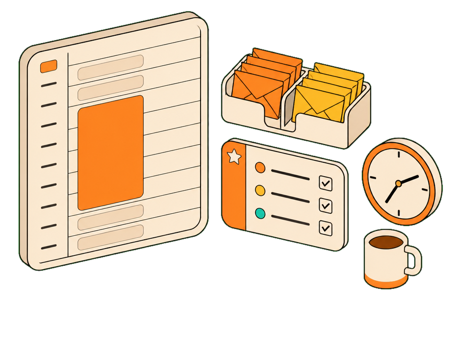 Isometric morning-briefing scene: an agenda board with a protected focus block, a sorted inbox tray, a priorities checklist, a clock and a coffee cup