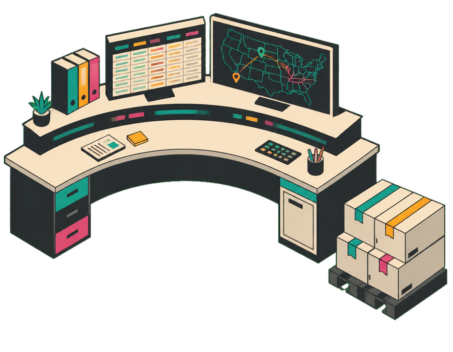Isometric night-shift tracking desk with a load board and route map