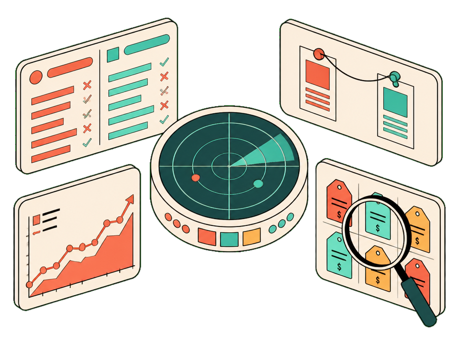 Isometric competitive-intelligence scene: a radar scope, a two-column comparison battlecard, a magnifying glass over a pricing grid, and a trend chart