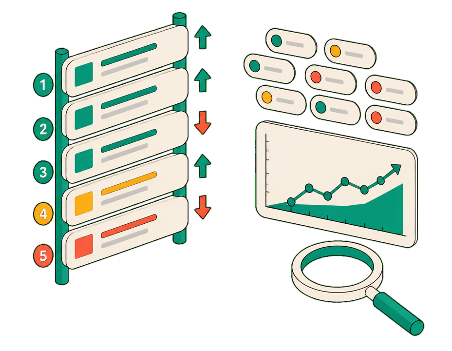 Isometric SEO scene: a ladder of search-result rankings with up and down arrows, keyword tags, a traffic chart and a magnifier