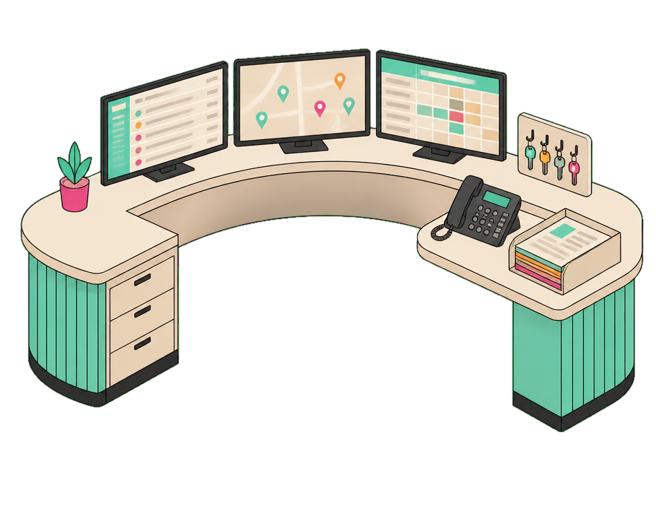 Isometric resident-services desk with work orders, a property map, and a unit availability board