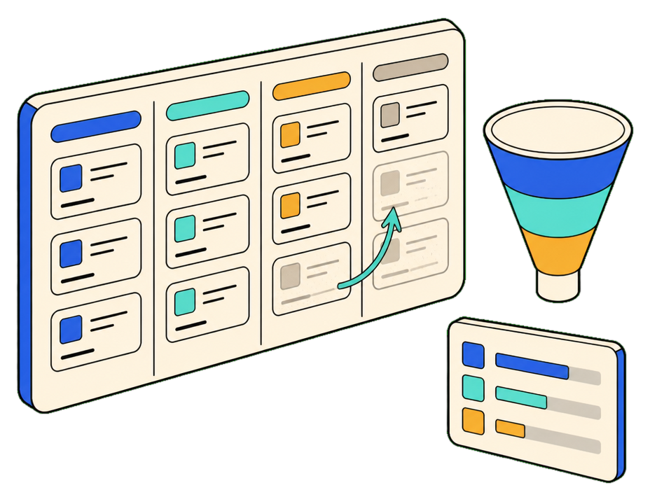 Isometric sales-pipeline scene: a kanban board of deal cards with a funnel and a nudge arrow lifting a stale card