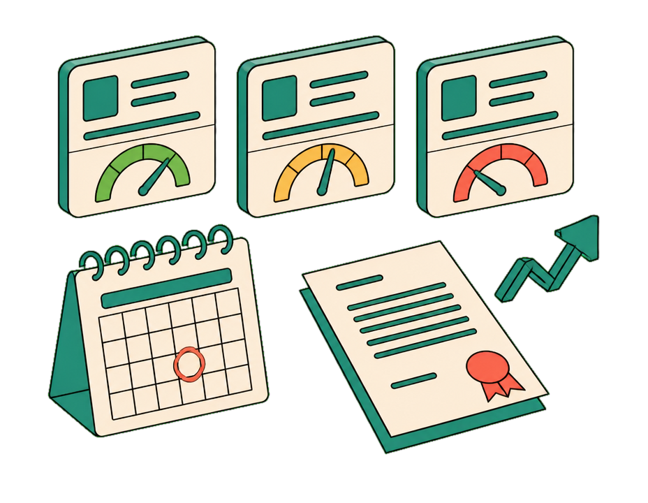 Isometric customer-health scene: account cards with health gauges, a renewal calendar, and a contract with a retention arrow