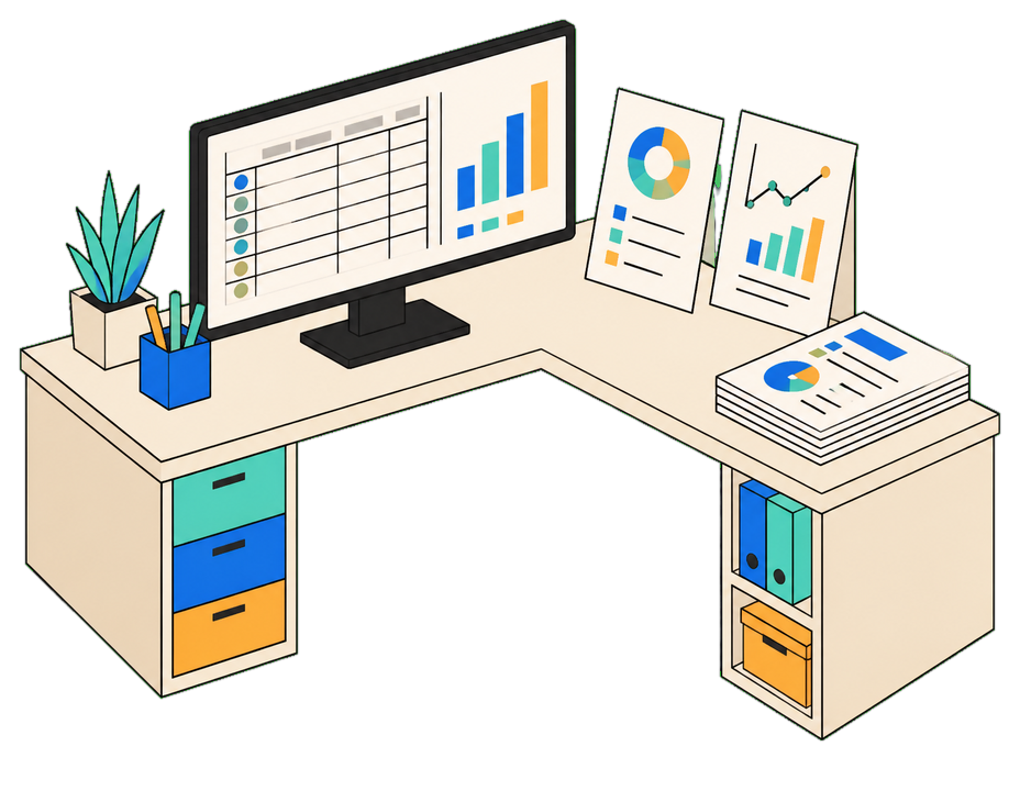 Isometric agency reporting desk with a campaign table, chart cards and a stack of printed reports