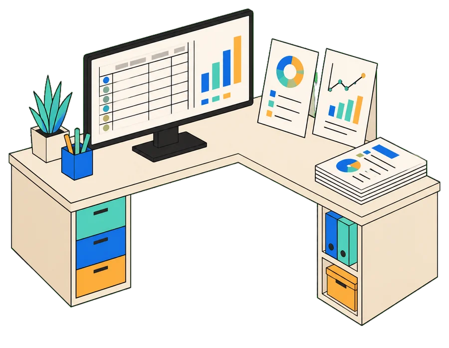 Isometric agency reporting desk with a campaign table, chart cards and a stack of printed reports