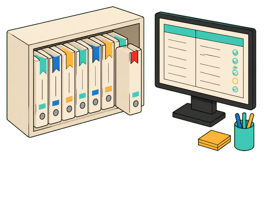 Isometric bookkeeping shelf of client folders with one flagged, beside a reconciliation list
