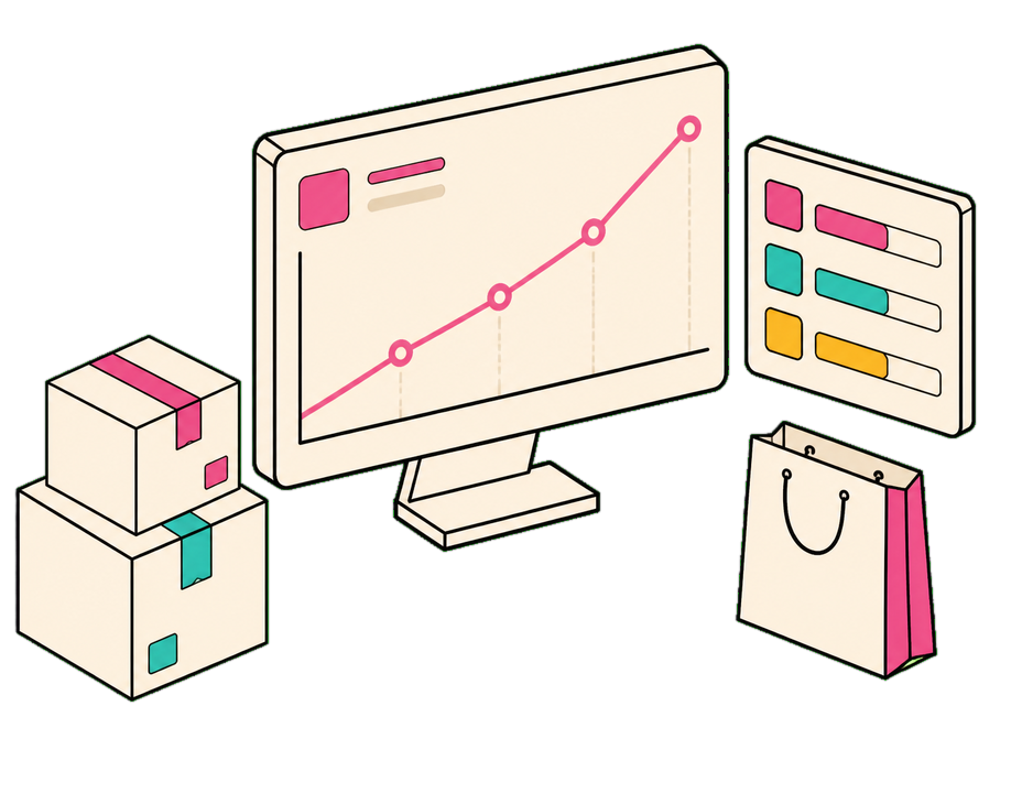 Isometric trading review desk with a rising revenue chart, channel bars and parcel boxes