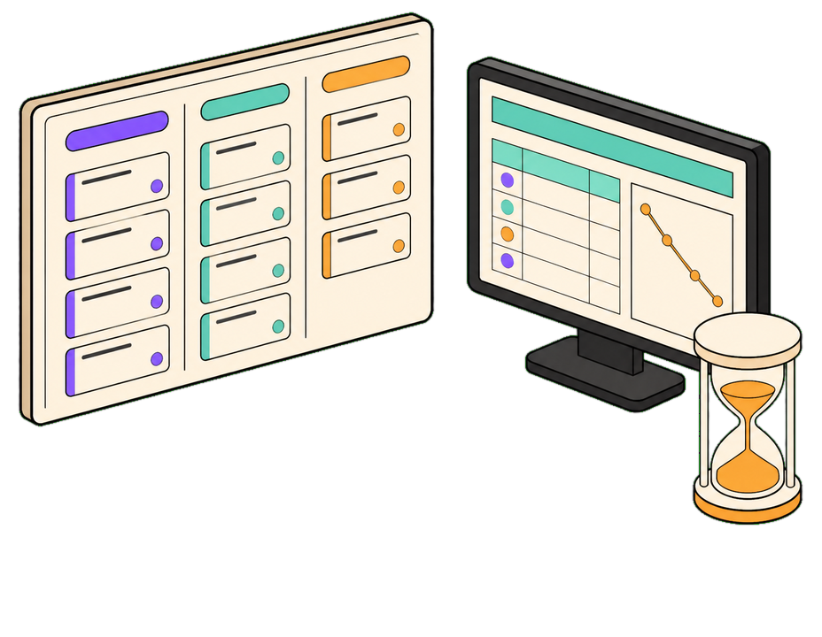 Isometric studio delivery corner with a project board, a timesheet grid and an hourglass